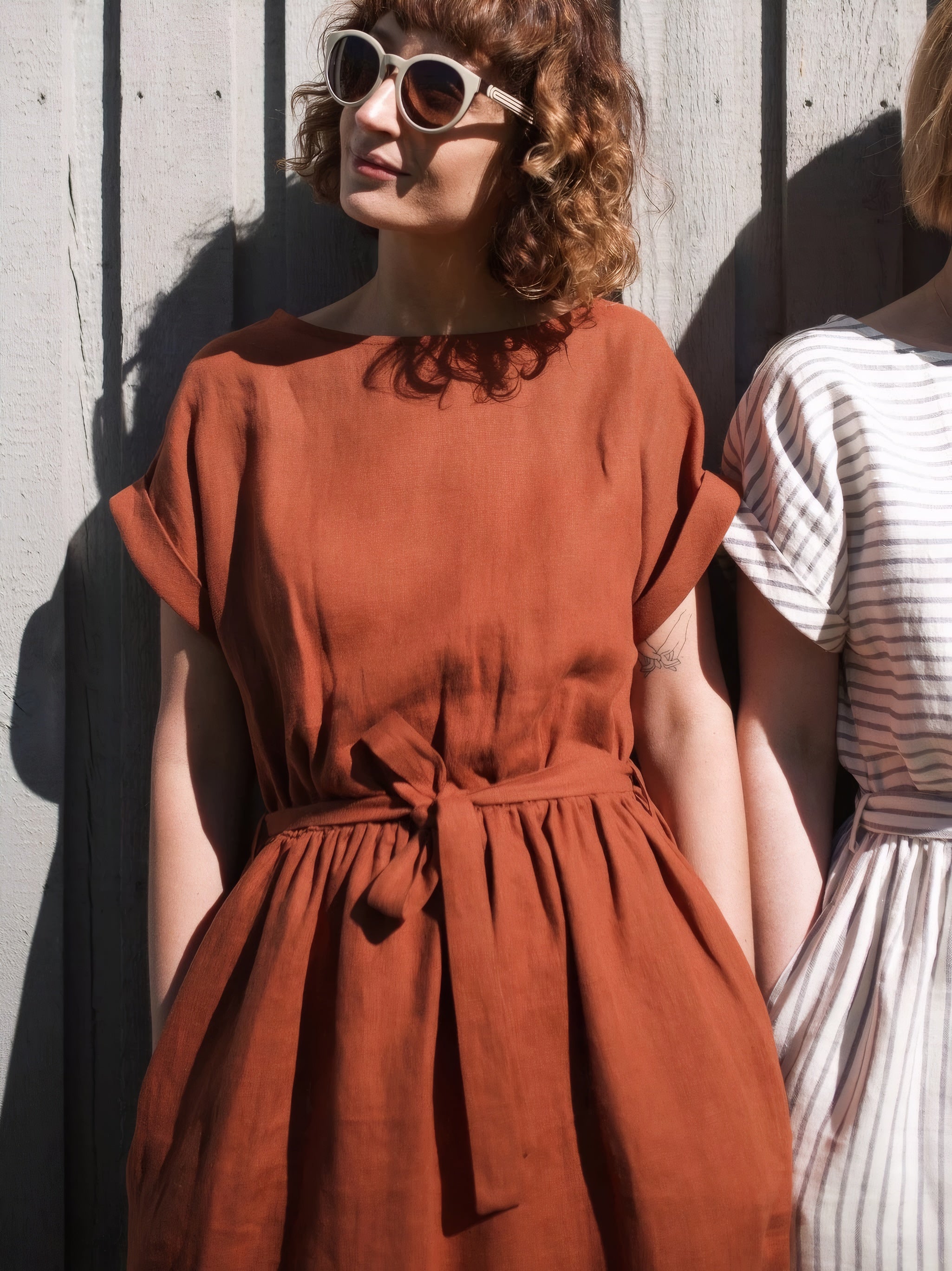 Pure Linen Belted Midi Dress for Women Natural Short Sleeve One-Piece Summer Sundress